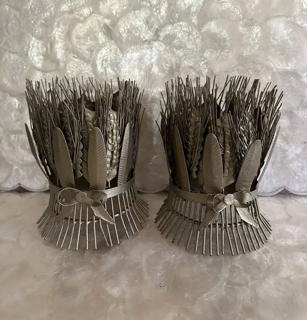 Vintage Metal Wired Farmhouse Wheat Rustic Pillar 2 Pair Candle Holders MCM